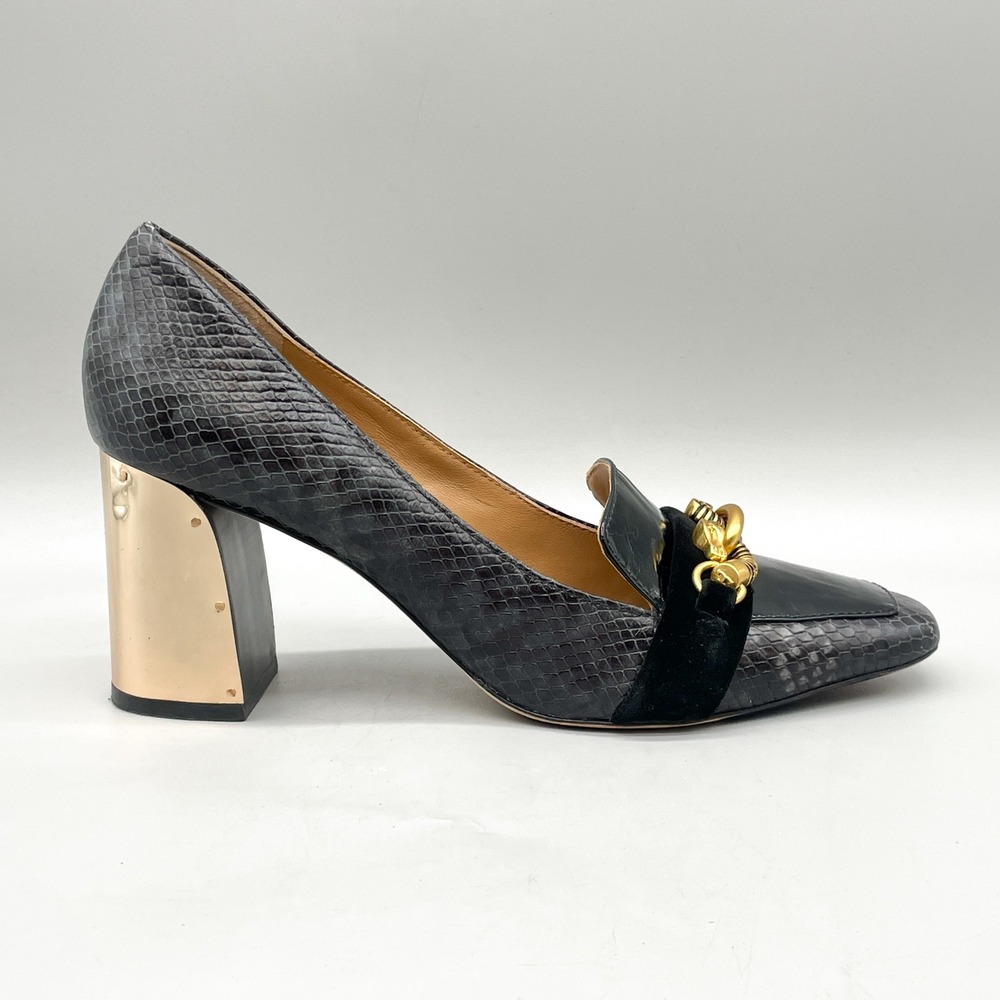 Tory Burch Womens 9.5M Jessa Horsehead Loafers Pumps Snake Print Block Heel Goth